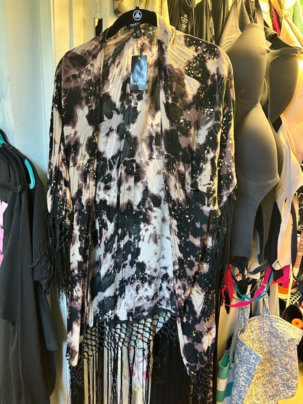 torrid Black and Cream Tie-Dye Fringe Swim Coverup